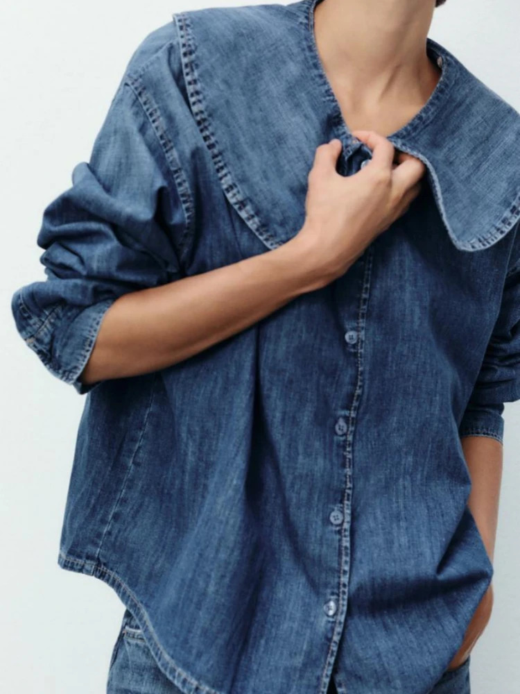 ZBZA Womens Casual Doll Collar Denim Shirt Long Sleeves Single Breasted Loose Solid Versatile Cowboy Blouses Fall Chic Top 250704