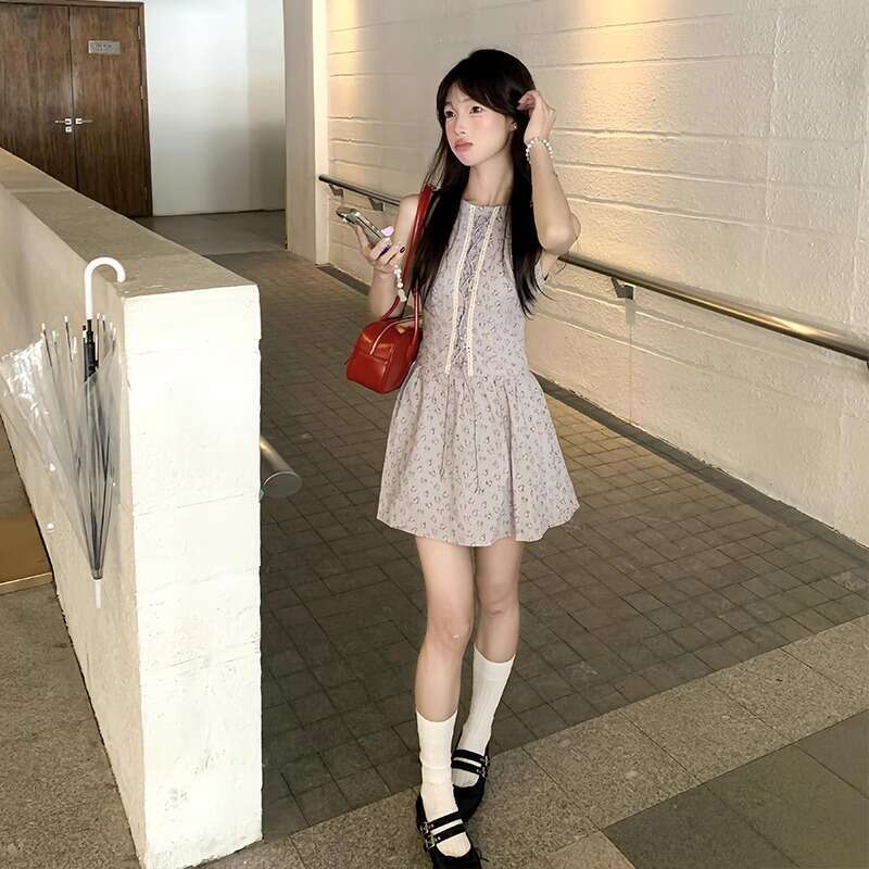 French Floral Sleeveless Vest For Women New Summer Waist-Cinching Slimming Beach Vacation Elegant Short Dress B5