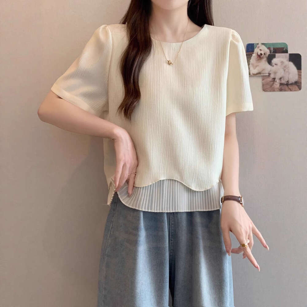 Plus Size Gentle Ruffled Patchwork Short Sleeve T-Shirt For Women Summer New Korean Style Regular Shoulder Design Niche Top B5 h7