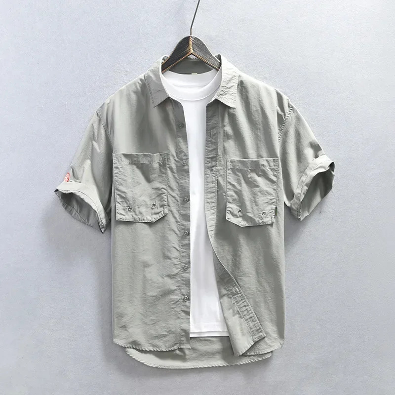 Japanese Style Cargo Shirt Men Summer Short Sleeve Casual Shirts Lapel Double Pockets Youth Streetwear Fashion Loose 250704