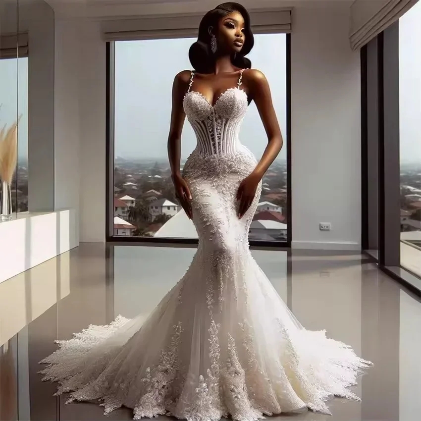2025 Elegant Lace Wedding Dress Sweetheart Corset Spaghetti Straps Lace Appliques Tulle Bride Bridal Gowns Vestidos De Novia Mariage
