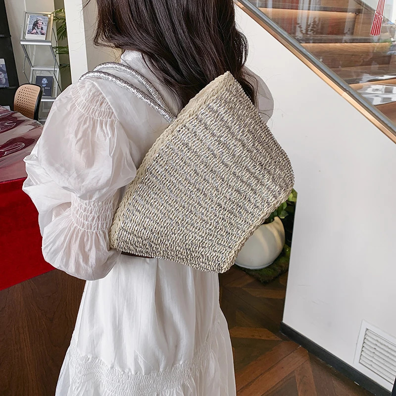 Summer Handmade Bags for Women Beach Weaving Ladies Silver Straw Beach Bag Top Handle Handbags Basket Female Shopping Bag 250704