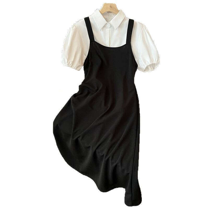 French Style Puff Sleeve Polo Shirt Strap Dress For Women Summer High-End Design Sense Niche Small Petite Two-Piece Set B5