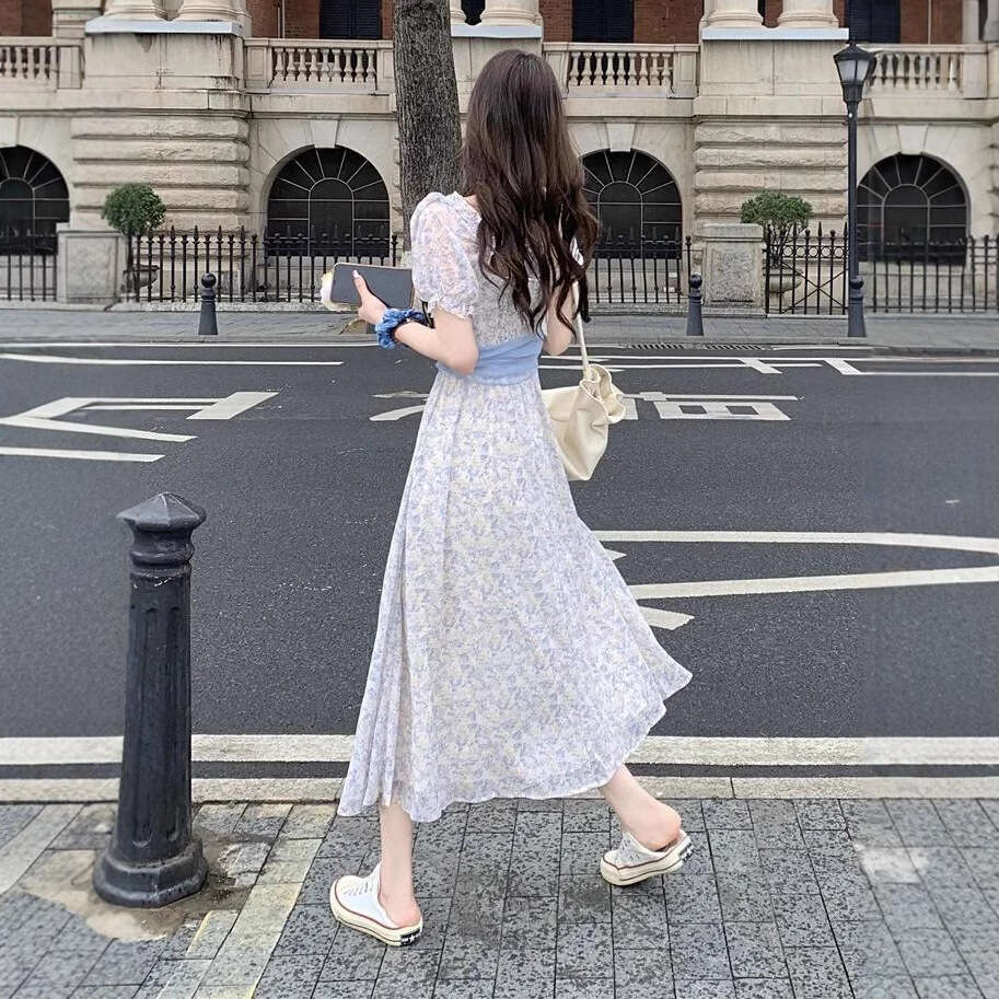 Gentle Style Floral Short For Women Summer New Waist Slimming Tie Bubble Sleeve Long Dress B5