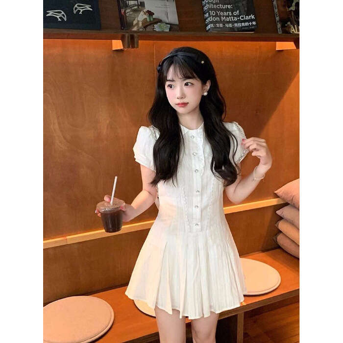 College White Puff Sleeve Shirt For Women Summer French Style Elegant Petite Waist-Cinching Sweet Short Dress B5