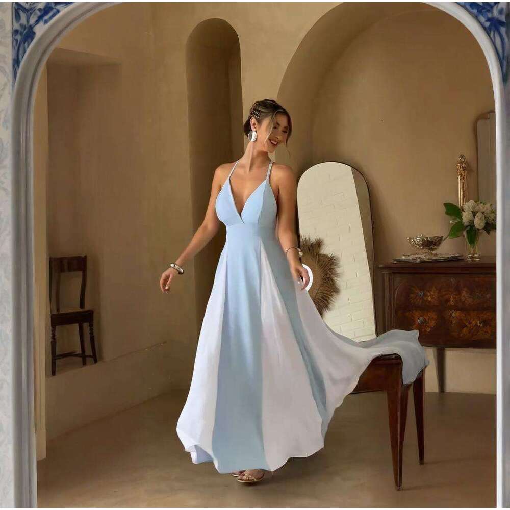 Summer New Women's Solid Color Strap Tie Sexy Elegant Fashion Dress B5