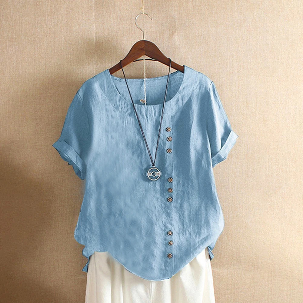 18 Colors S5XL Women Cotton Linen Button Blouse Summer Female ONeck Short Sleeve Solid Shirt Tops WYLPM03 250714