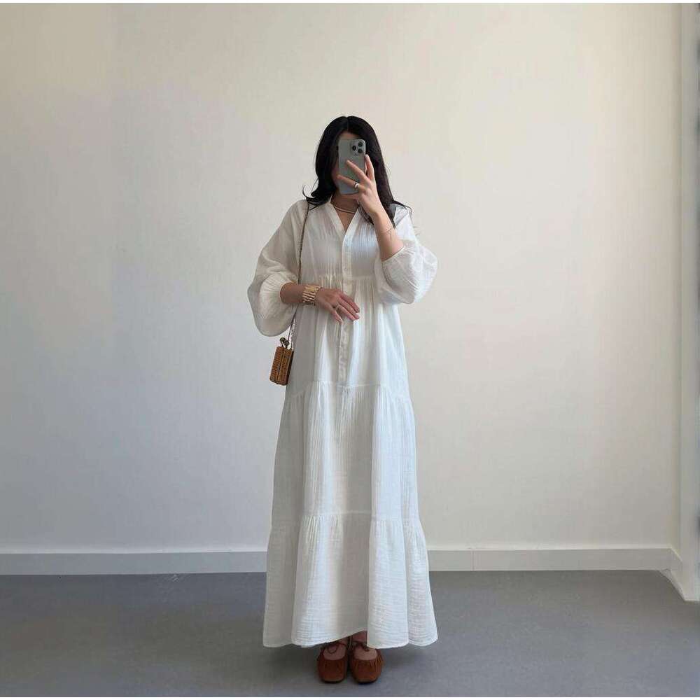 Summer New V-Neck Button Lantern Sleeve Solid Color Women's Sexy Slim Dress B5