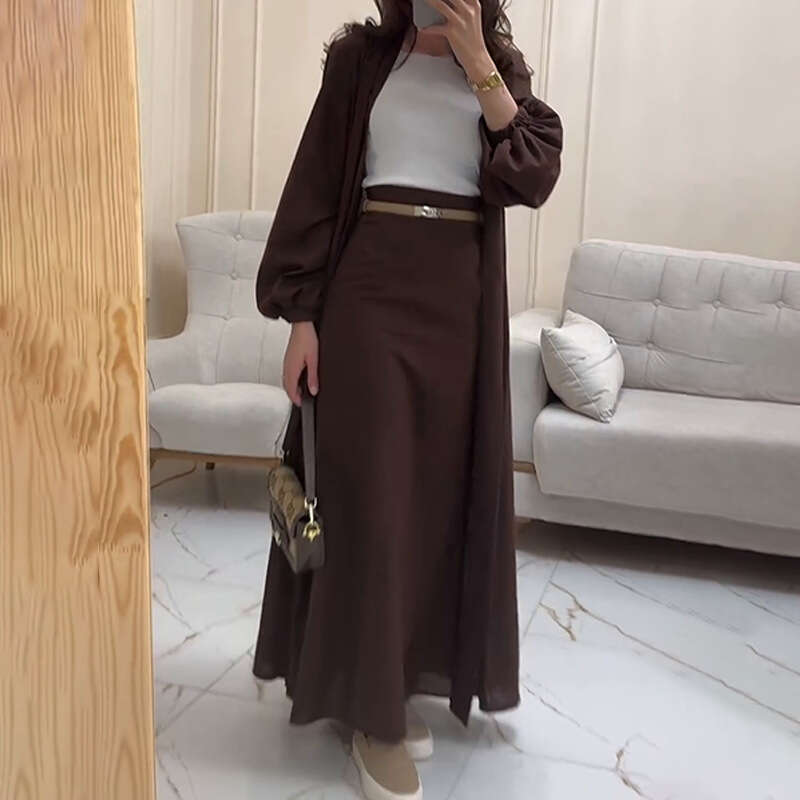 Women's Satin Puff Sleeve Dubai Elegant Cardigan Robe Tie Half Two-Piece Set B5