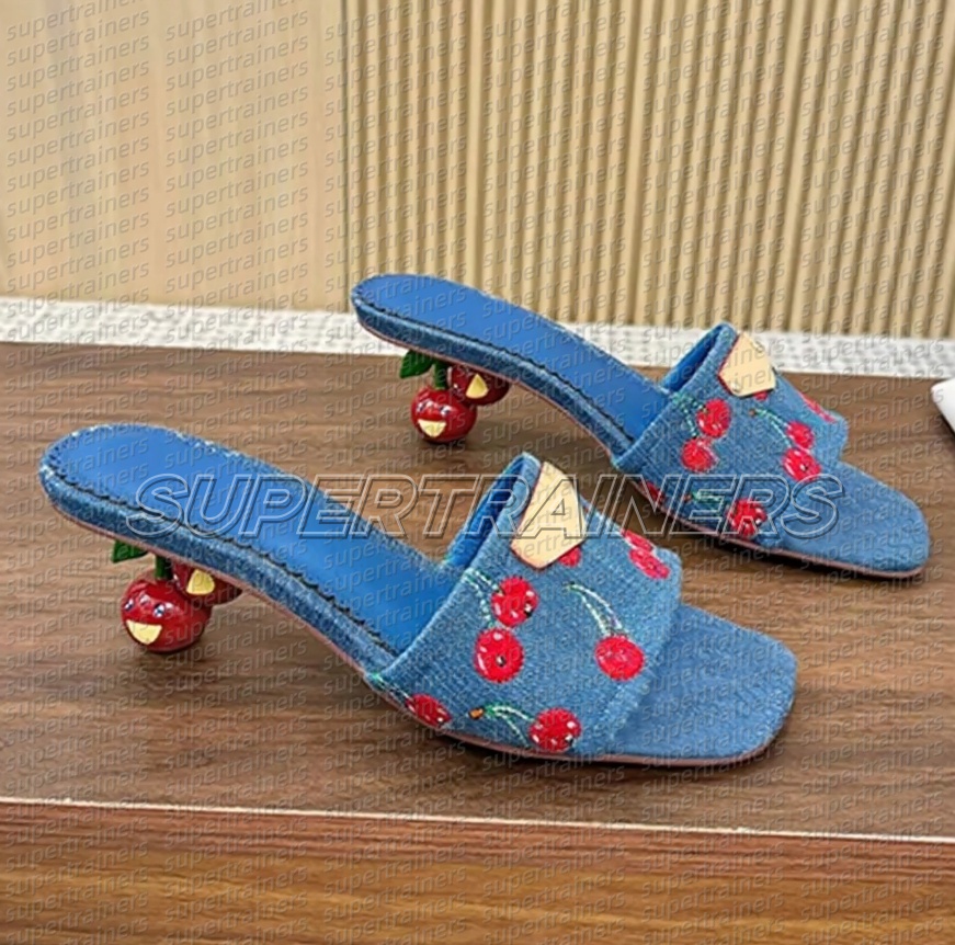 Designer cherry sliders heels luxury heel denim blue pink heels slides kitten heels womens sandals summer beach mules designer woman embroidery top quality sandals