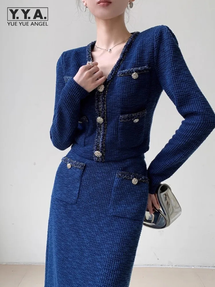 Office Lady Elegant V-Neck Tweed Knitted Top High Waist Split Long Skirt Two Piece Set Women Fashion Spring Autumn Matching Sets 250714