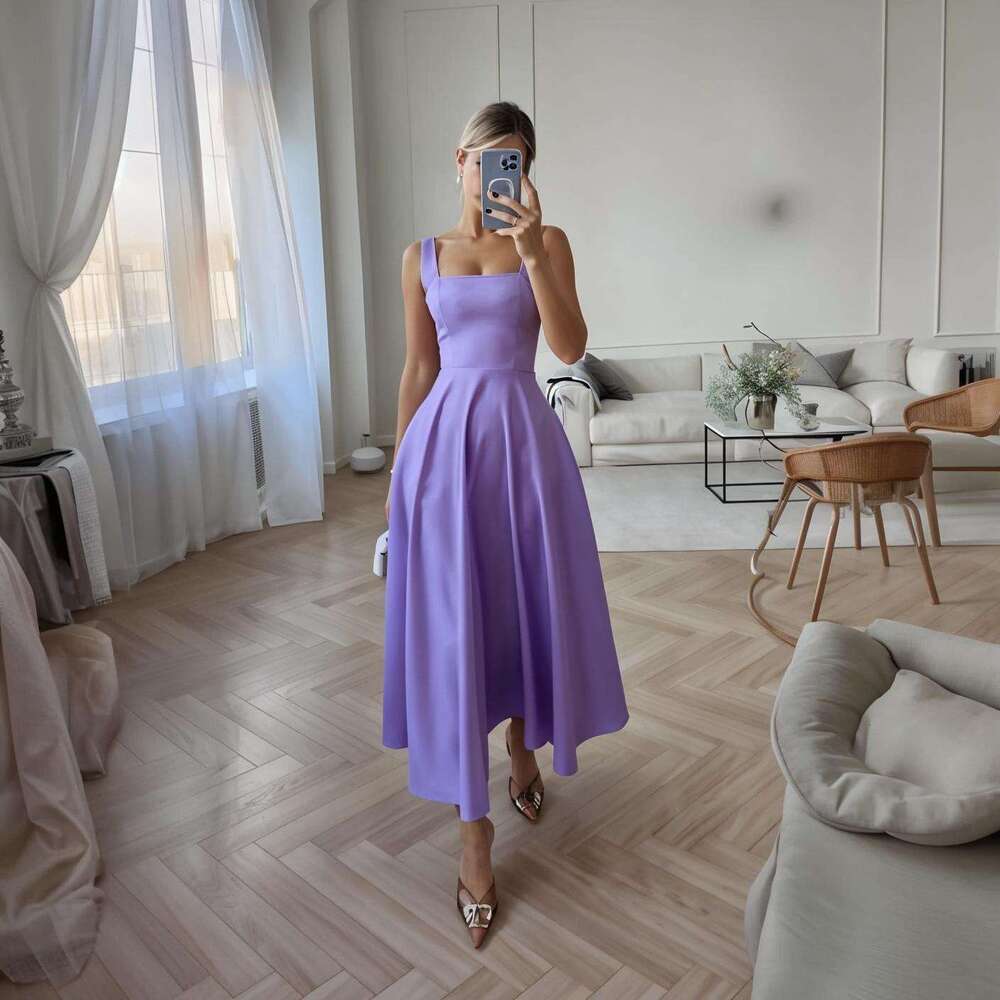 Summer New Solid Color Square Neck Sleeveless Strap Youth Long Fashion Women's Dress B5