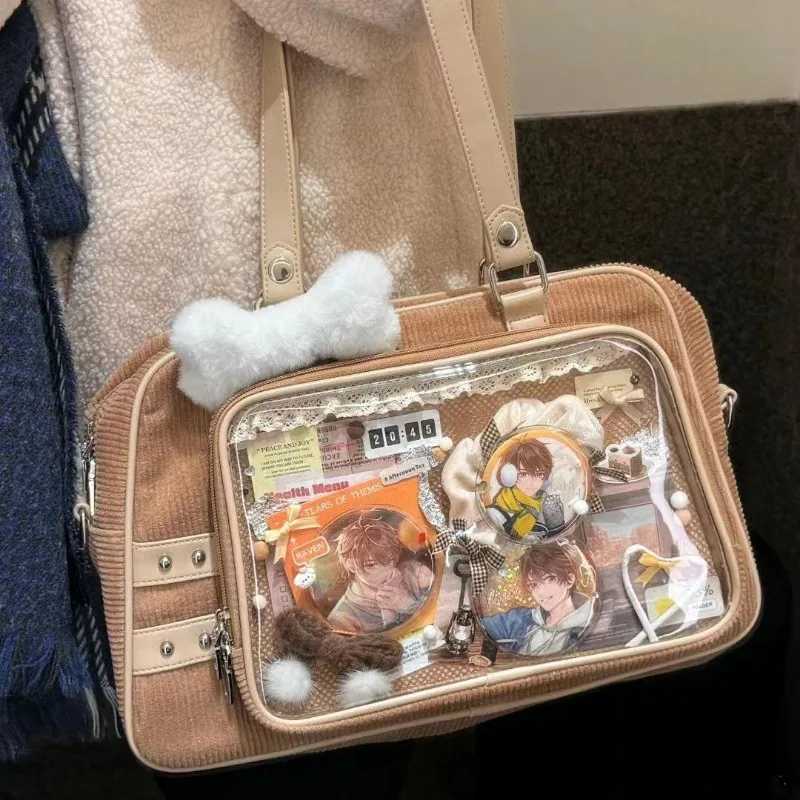 Y2K Corduroy Casual Ita Bag Cute Womens Shoulder Bag Crossbody Bag Lolita Girl Transparent Bag DIY Display Handbag Purse