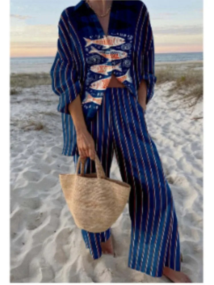 Women Print Lapel Shirt 2-Piece Set Summer Vacation Style Cruise Lace Up Wide Leg Pants Female Casual Beach Holiday Set 250714