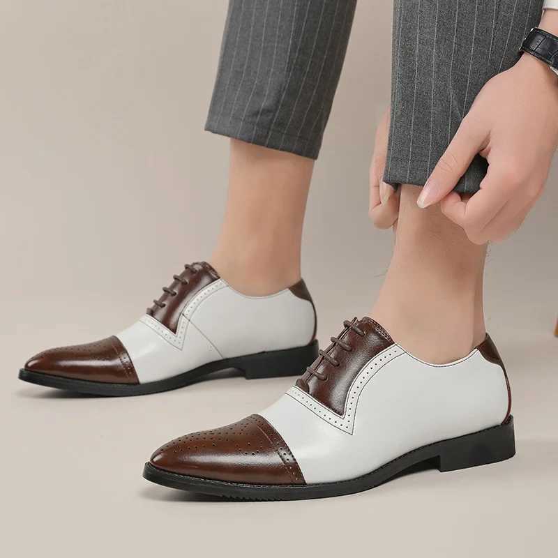 New Mens Pointed White Black Brown Mixed Brogues Leather Shoes Italian Gentleman Wedding Dress Formal Party Business Footwear Y250715