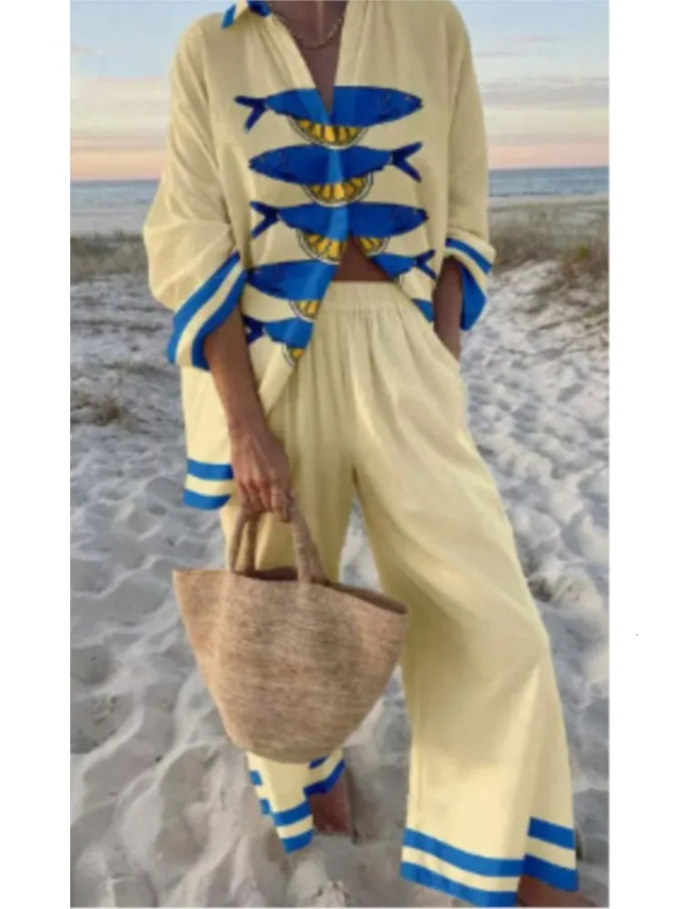 Women Print Lapel Shirt 2-Piece Set Summer Vacation Style Cruise Lace Up Wide Leg Pants Female Casual Beach Holiday Set 250714