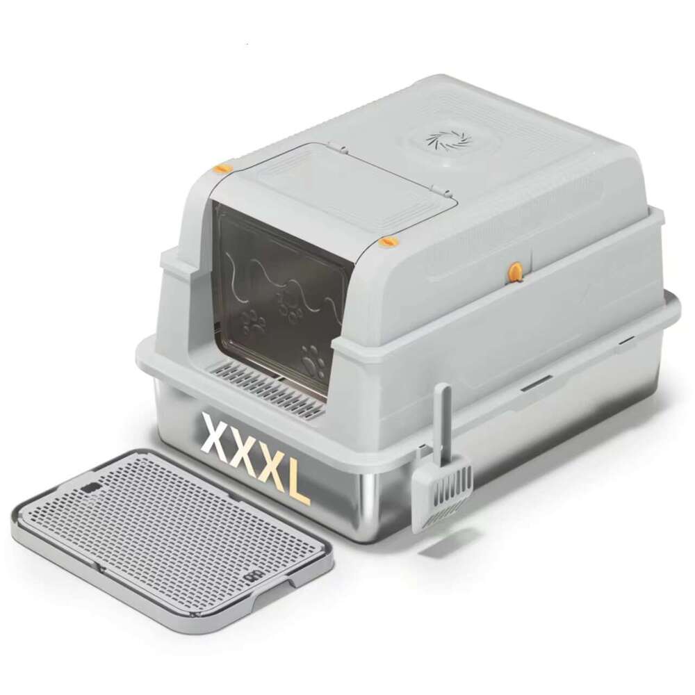 Large Top Entry Enclosed Stainless Steel Cat Litter Box with Lid and Scoop for Big Cats Odor Control