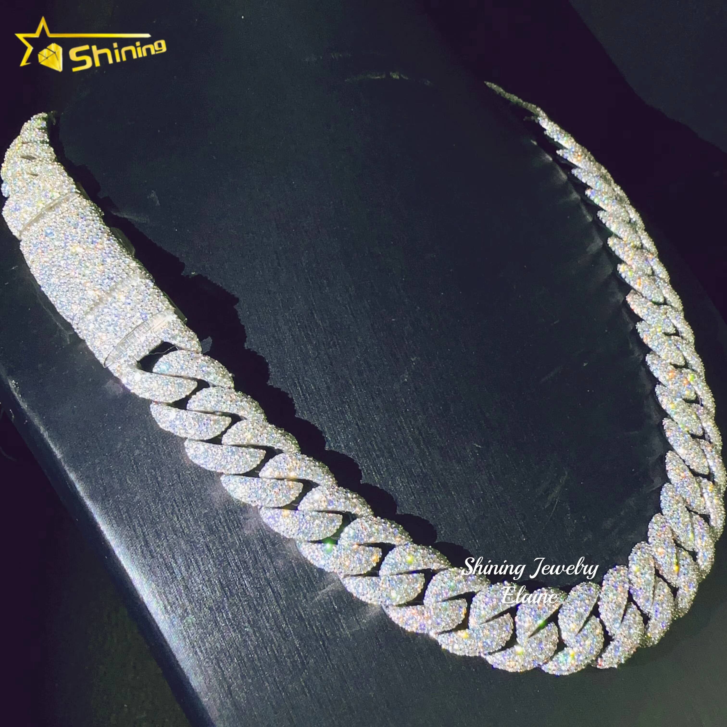 2025High Quality 925 Sterling Silver Custom Hip Hop Fashion Iced Out VVS Moissanite Gold 15MM Width Cuabn Bracelet Link Chain