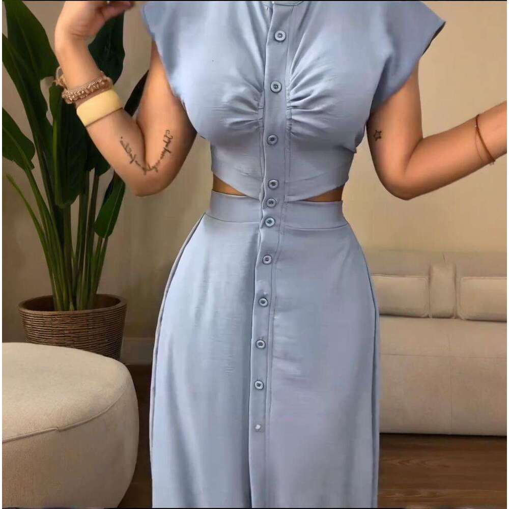 Summer New Women's Clothing Button Hollow Sleeveless Round Neck Elegant Casual Long Dress B5