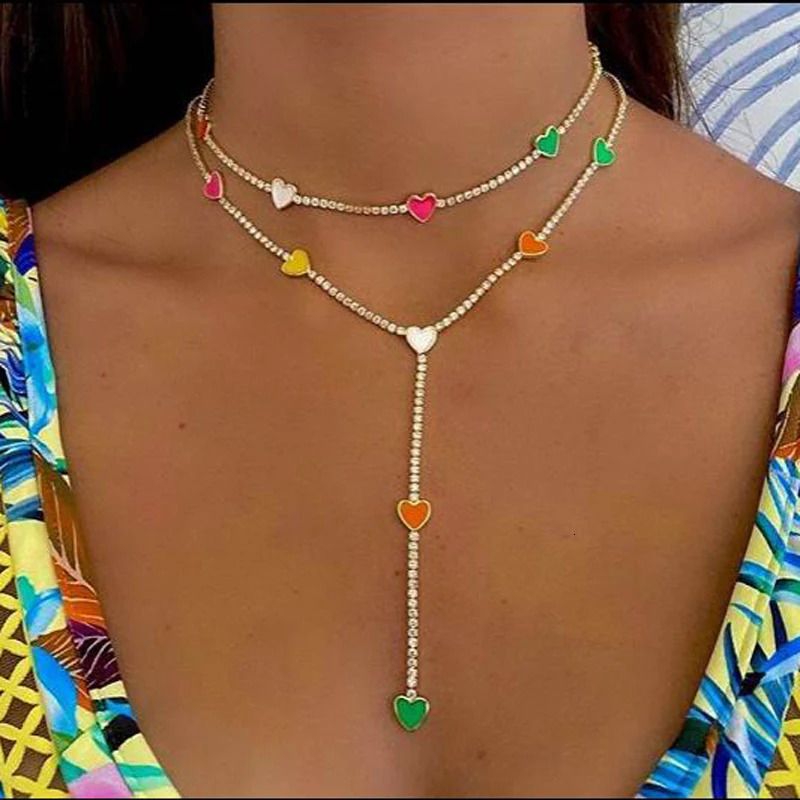 Summer Arrived Candy Enamel Heart Charm Choker Chain Long Y Lariat Necklaces For Sexy Women Girl Party Wedding Jewelry 250711