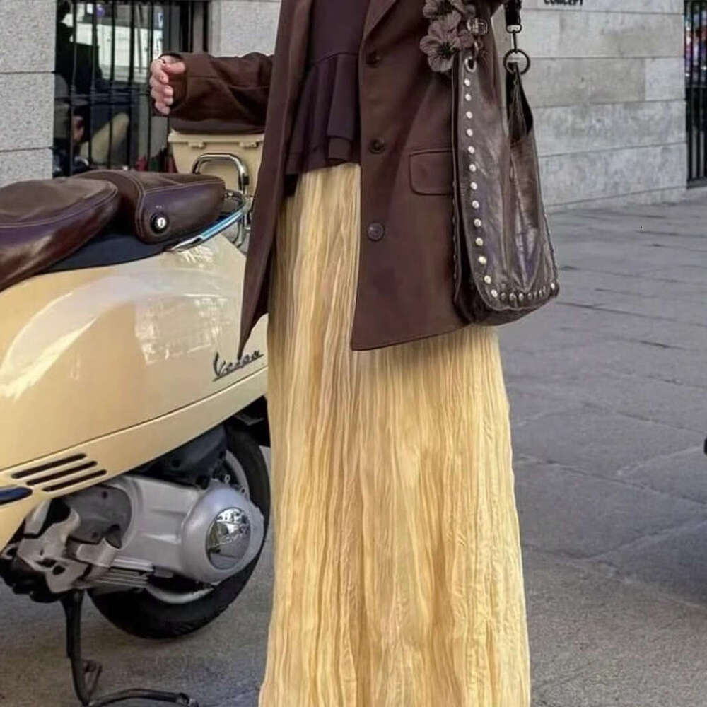 TRAFZA Women's Spring Summer Style Elastic Waist Pleated Effect Long Skirt B5