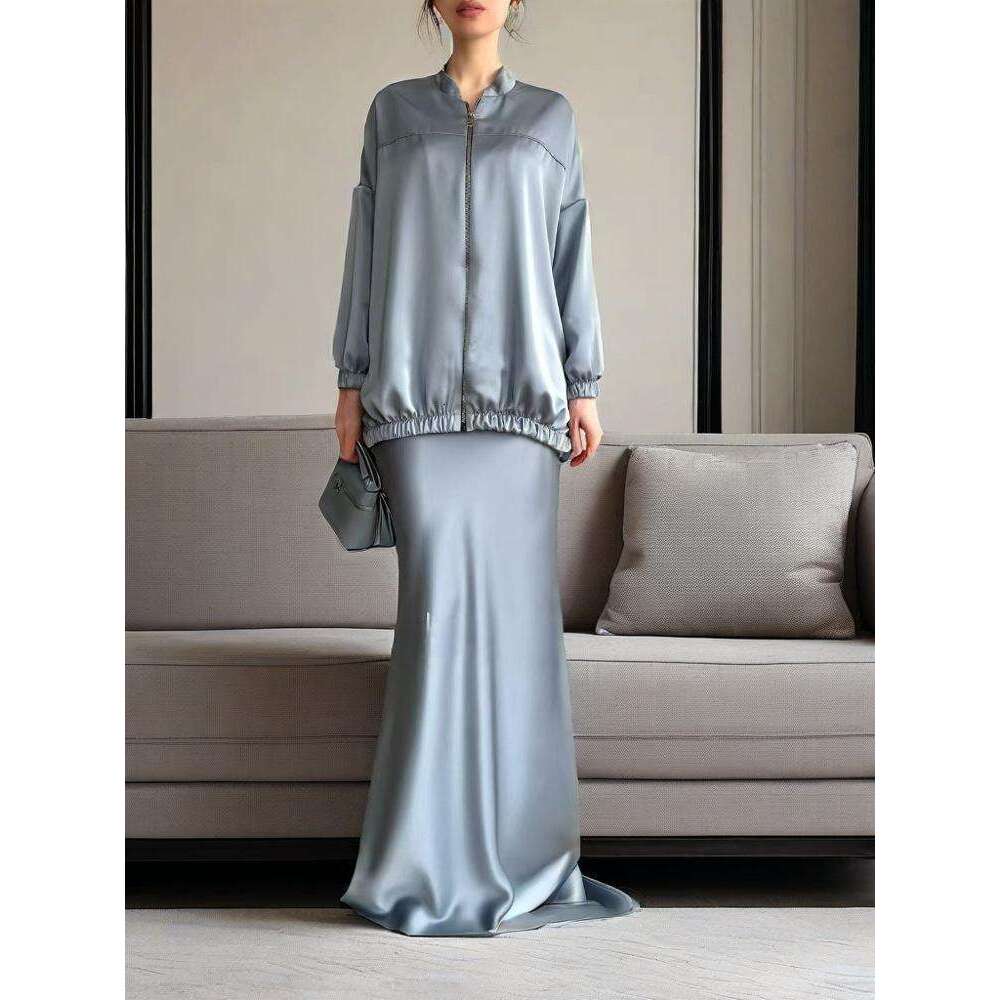 Spring New Women's Zipper Solid Color Midi Skirt Elegant Fashion Commuter Set B5