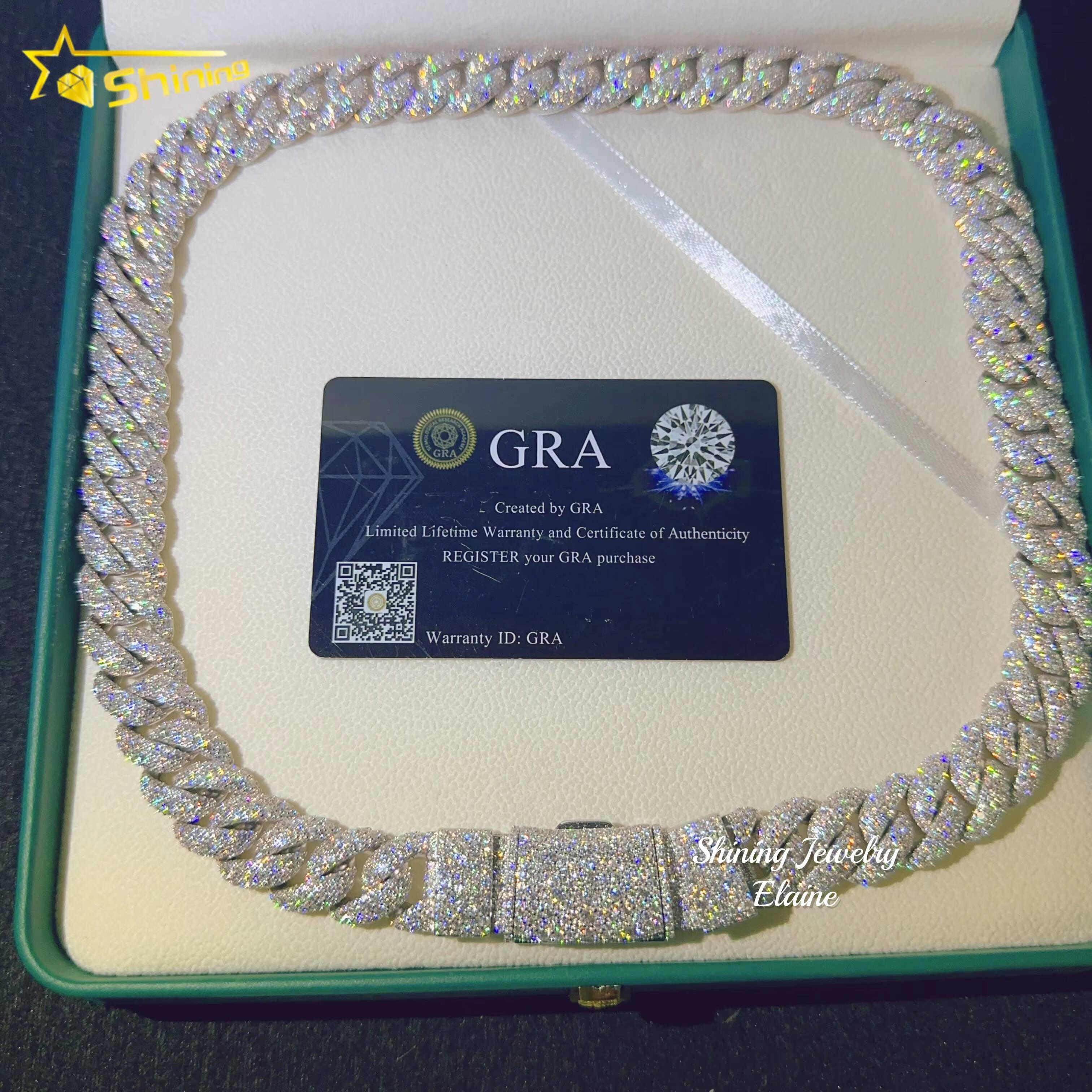 2025High Quality 925 Sterling Silver Custom Hip Hop Fashion Iced Out VVS Moissanite Gold 15MM Width Cuabn Bracelet Link Chain