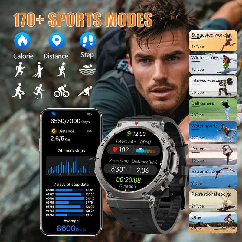 DM58 Men's 1.43inch AMOLED Screen BT Call Positioning System Compass Outdoor Tracker GPS Sports Smart Watch