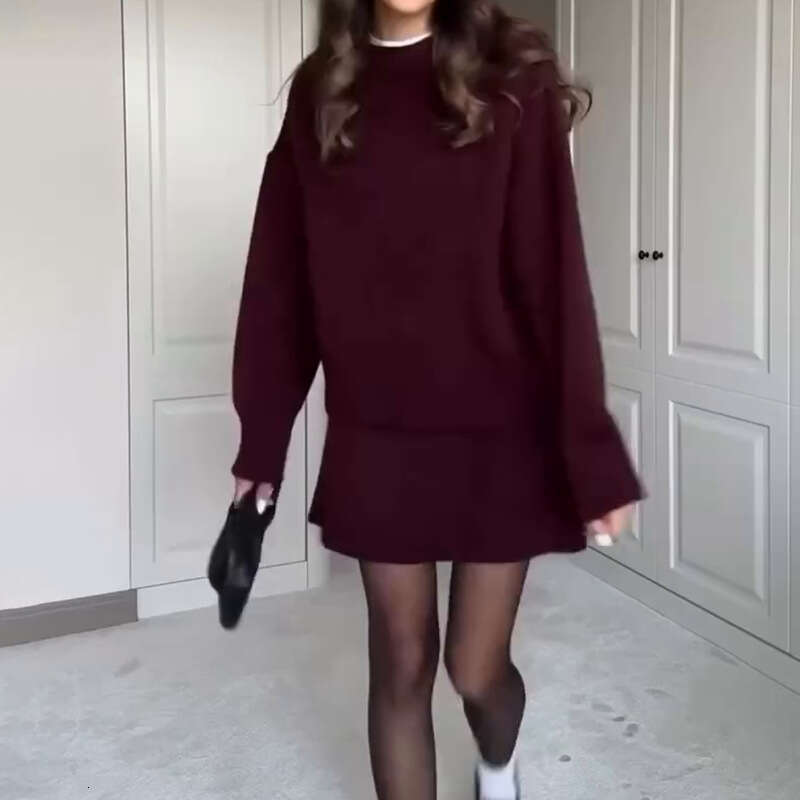 Autumn Women's Sweater Half Turtleneck Top Versatile Short Skirt Set B5