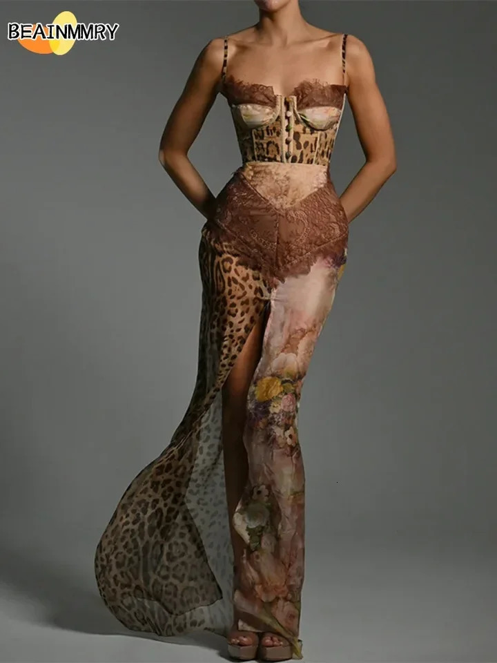 Leopard Print Mesh Sling Vestido Women Chic Chiffon Sleeveless Off Shoulder See Through High Waist Slit Dresses Lady Beach Robes 250714