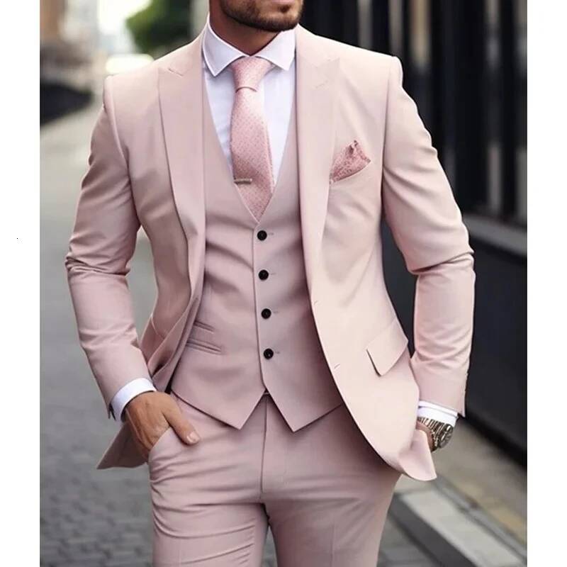 Pink Men Suits 2024 Slim Fit 3 Piece Jacket Pant With Vest Groom Wedding Tuxedo Costume Homme Formal Ocn Terno