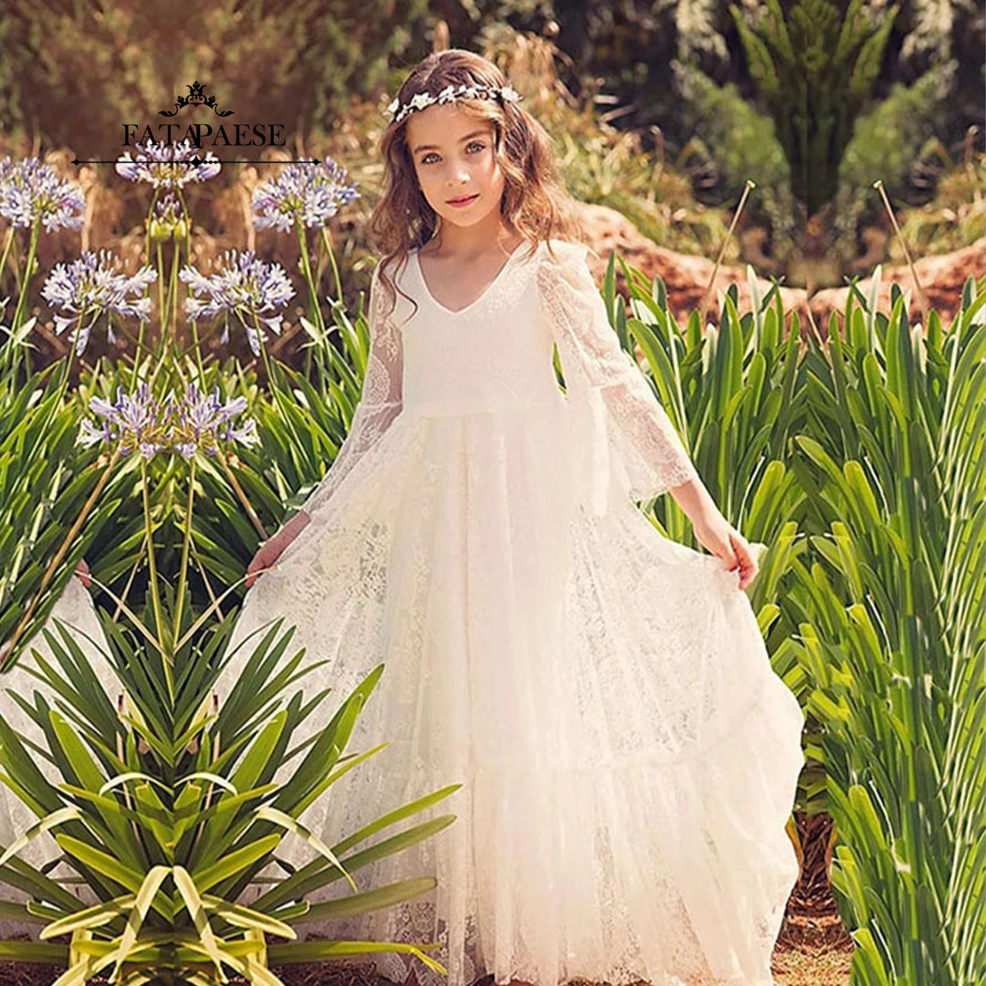 Cute Summer Boho Flower Girl Dress 2-14 Years Ivory Soft Lace First Communion Dress Flared Sleeves Bohemian Princess Kids Party Dress MC0668