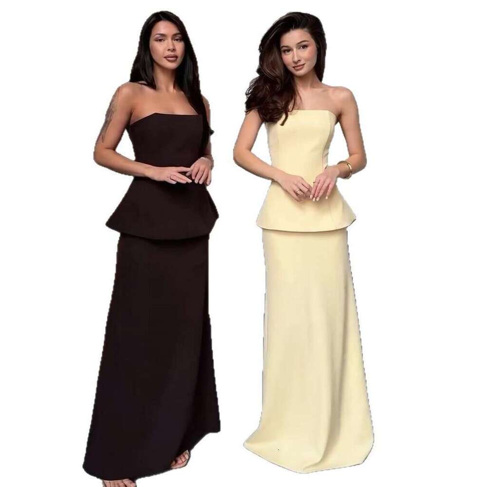 Spring New Women's Strapless Solid Color Skirt Elegant Fashion Set B5