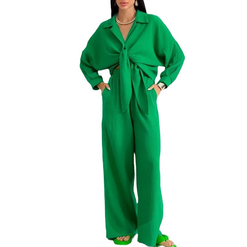 Women's Two Piece Pants 2 Set Autumn Women Crop Top Shirt Wide Leg Pant Fashion Solid Simple Leisure Time Party Suit