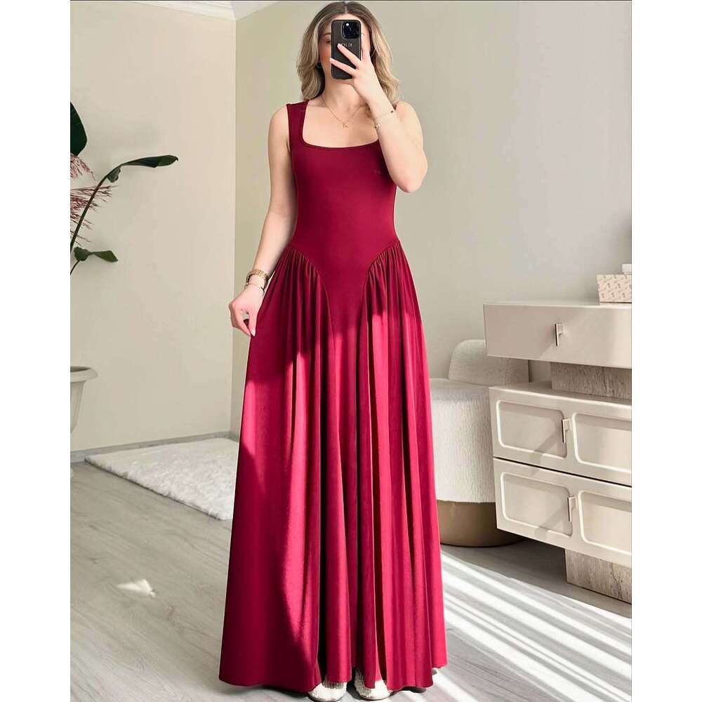 Summer New Women's Fashion Square Neck Sexy Sleeveless Ruched Elegant Slim Dress B5