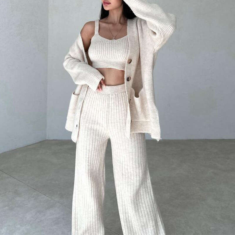 Spring Women's Clothing Sweater Button Cardigan Jacket Vest Long Pants Three-Piece Set B5