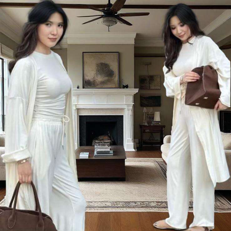 Spring New Women's Round Neck Long Sleeve Wide Leg Pants Elegant Commuter Set B5