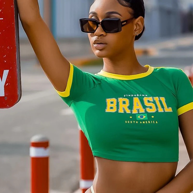Brazil Graphic Print Crop Tops Y2k Aesthetic Women Corset Summer Short Sleeve Green Tshirt Basic Baby Tee 2000s Vintage Clothes 250708