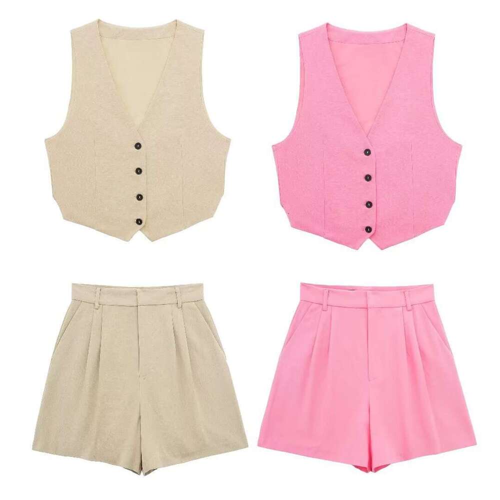 TRAFZA Summer New Casual Women's Outfit With Split Vest And Linen Shorts Set B5