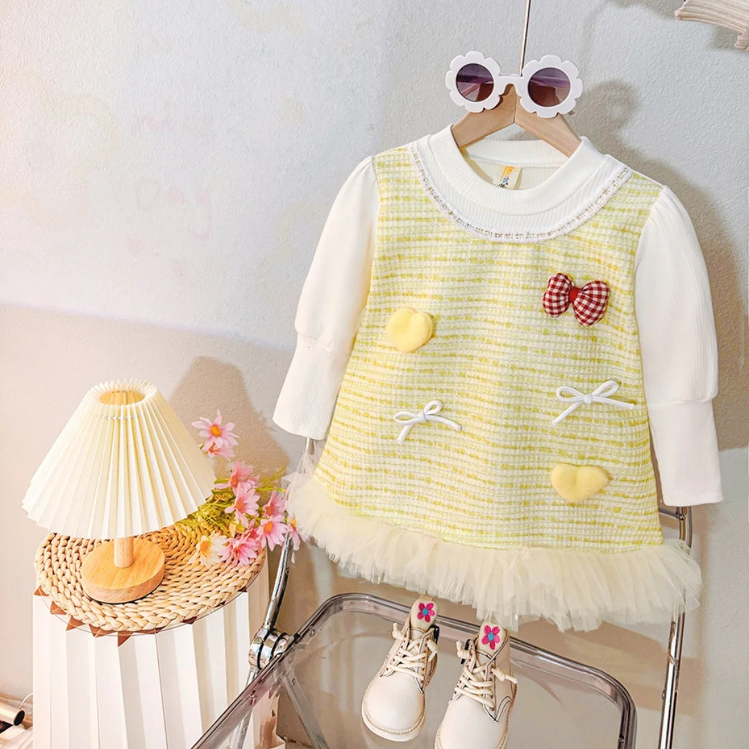 Baby Girl Dress Spring And Autumn Bow And Love Pattern Knitted Plaid Long-Sleeved Baby Dresses Cute Casual Girl Kids Dress 250715