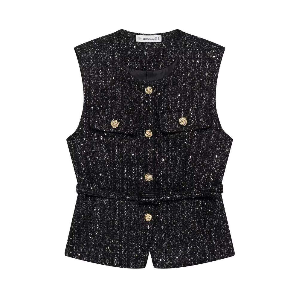 TRAFZA Spring Elegant Metal Button Sleeveless Round Neck Slim Fit Jacket Women Belt Decorated Beaded Vest B5