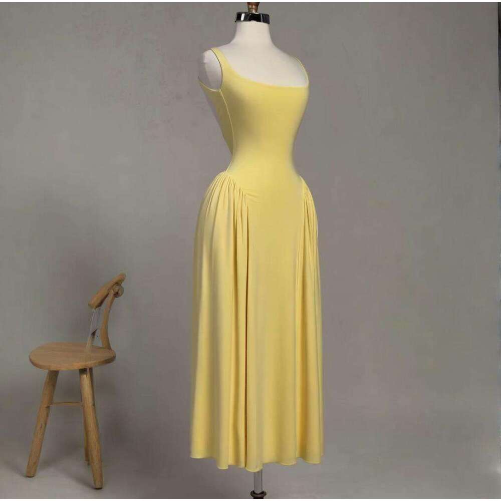 Summer New Women's Solid Color Square Neck Elegant Loose Pleated Sleeveless Plus Size Dress B5