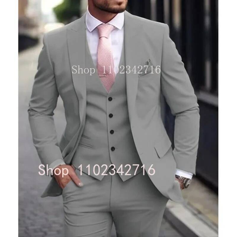Pink Men Suits 2024 Slim Fit 3 Piece Jacket Pant With Vest Groom Wedding Tuxedo Costume Homme Formal Ocn Terno