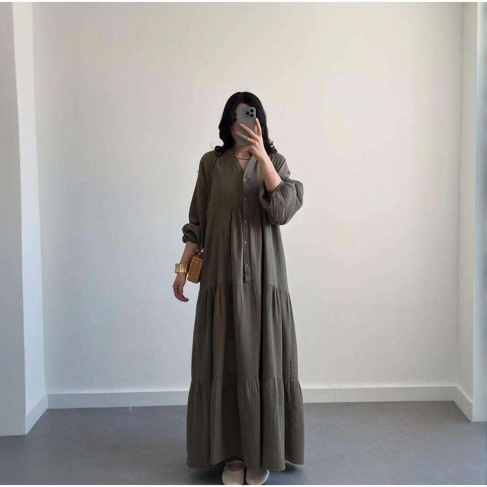 Summer New V-Neck Button Lantern Sleeve Solid Color Women's Sexy Slim Dress B5