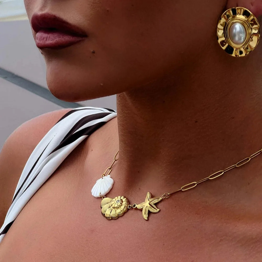 HangZhi Fashionable Beach Starfish Conch Pearl Shell Necklace Stainless Steel Pendant Charms Summer Jewelry for Women 250711