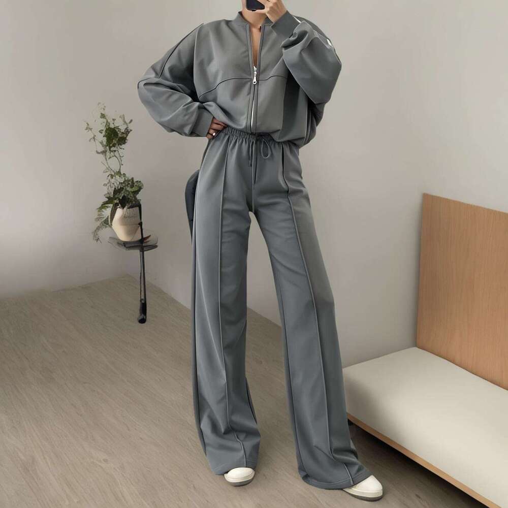 Spring Round Neck Fashion Simple Elegant Sweatshirt Jacket Casual Straight Pants B5