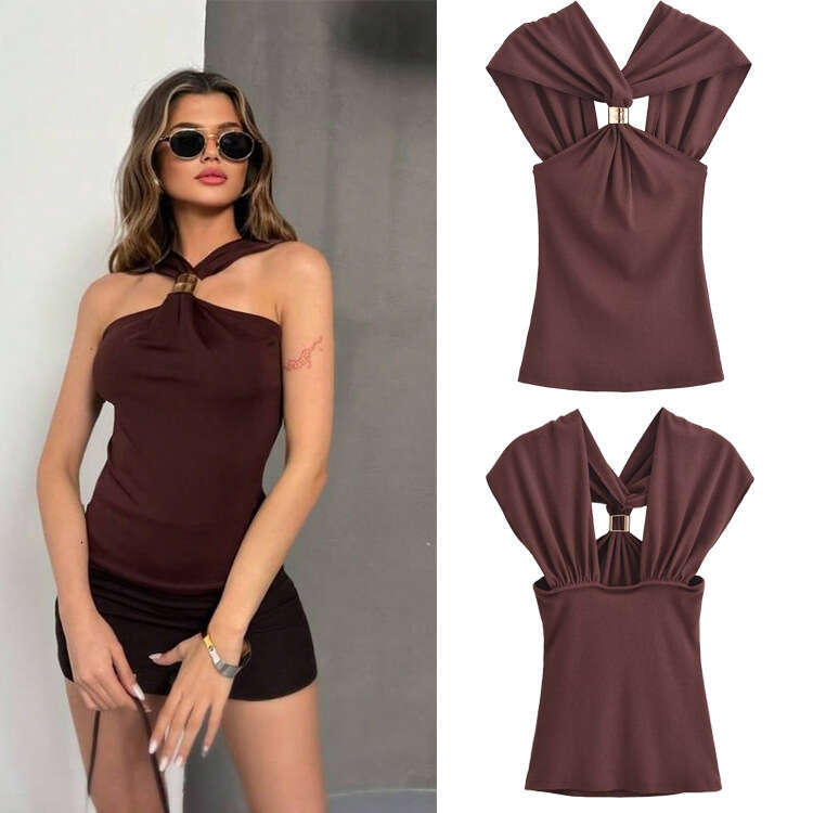 TRAFZA New Style Women's Clothing Classic Gold Embellished Halter Neck Knitted Top Vest B5
