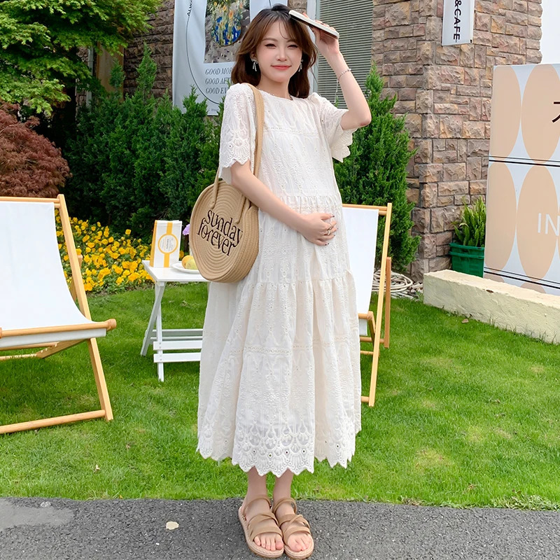 Pregnant Woman Lace Dress Summer Short Sleeve O-Neck Hollow Out Maternity Cotton Dress Sweet Long Loose Princess Clothes 250715