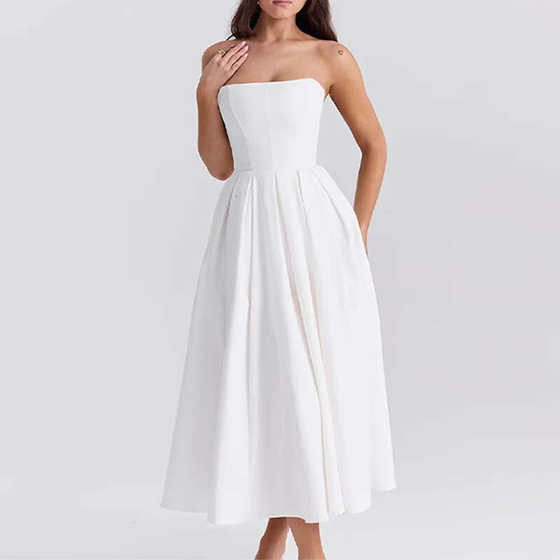 Sexy Women's Summer Outfit Fishbone Strapless Pure Desire Style Hot Girl Slim Fit Backless Midi Dress B5