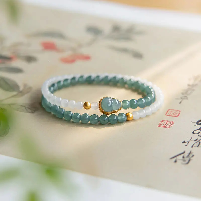 Real Jade Bracelet with Hetian Jade Inlaid Jewelry Gourd Natural Blue Water Ice Exquisite Stacked Double Round Beads Hand String 250711